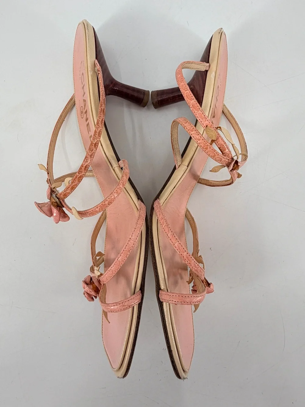 Vintage Y2K Chanel 2001 Rare Strappy Pink Dainty Rosebud Rose Sandals 38.5 FLAWS - Picture 7 of 10
